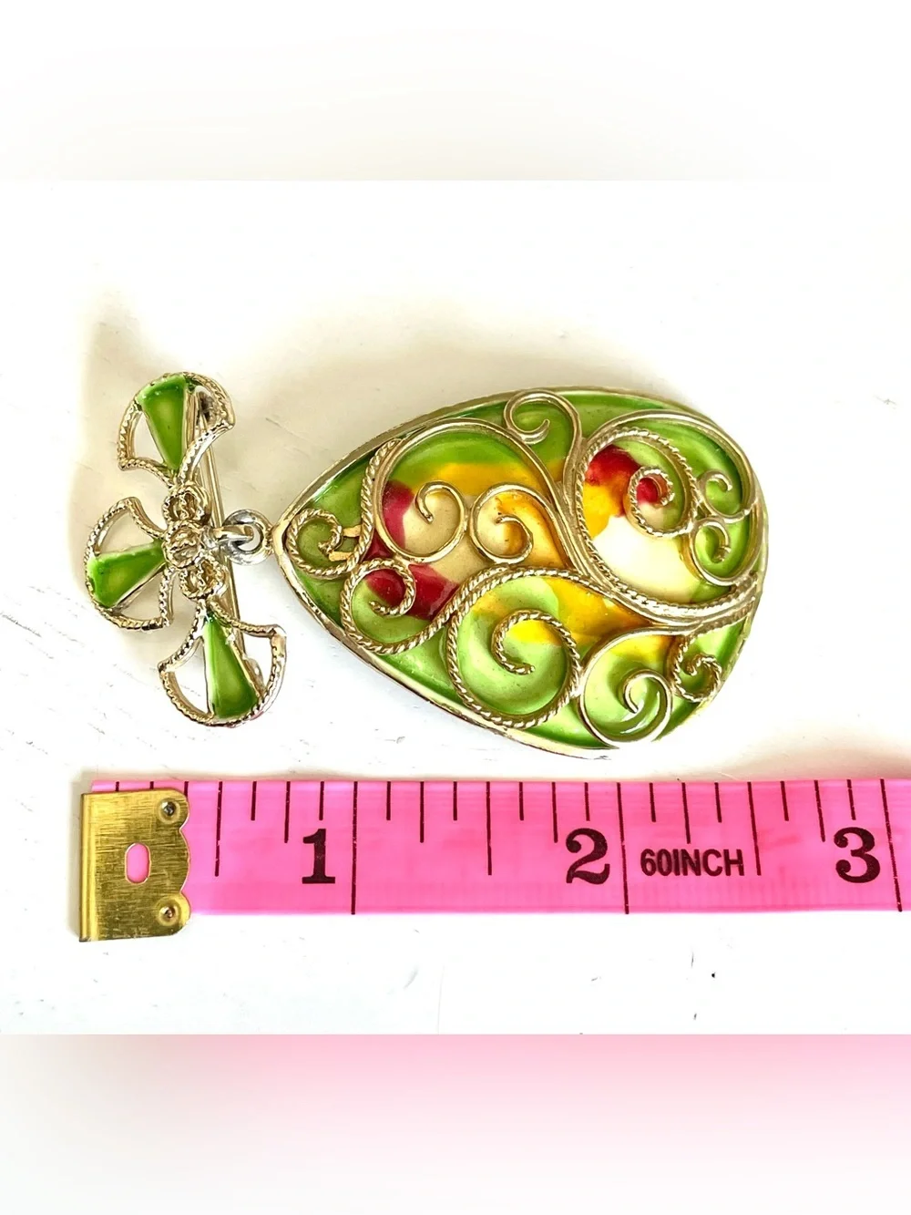Hollycraft 1950s Vintage Enamel Dangle Brooch Pin Green Red Yellow Gold Tone MCM